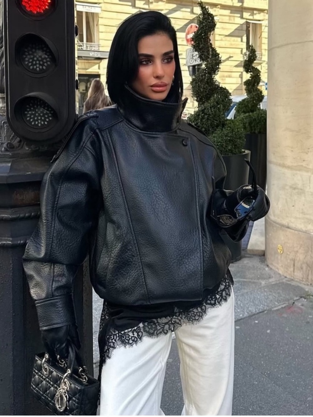 Zara Black Faux Leather High-Neck Bomber Jacket